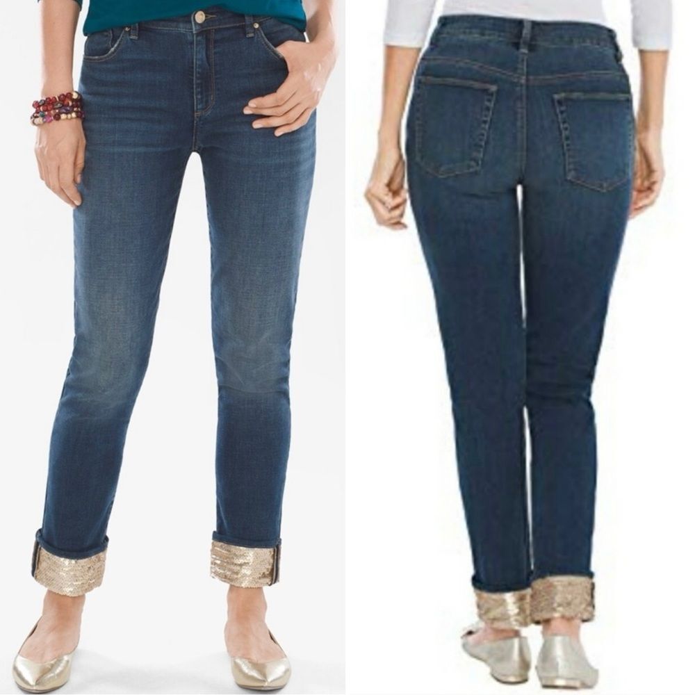 Chico’s Boyfriend Ankle Sequin Cuffed Jeans Blue 0.5P